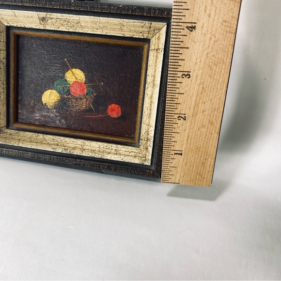 Miniature Vintage Still Life Oil Painting Board Basket Knitting Yarn and Needles - Picture 9 of 13